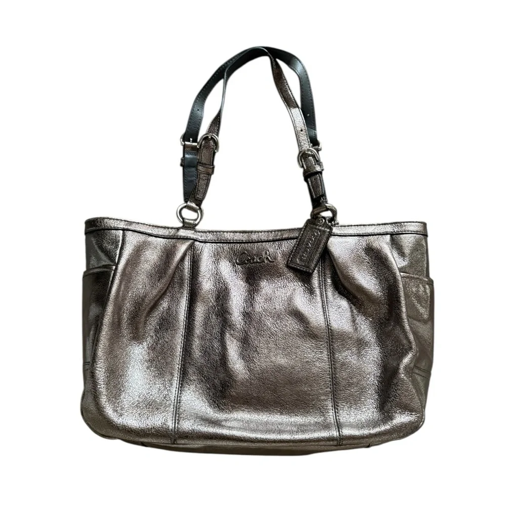 COACH Gallery East West Tote Metallic Leather Shoulder Bag Shimmering Bronze